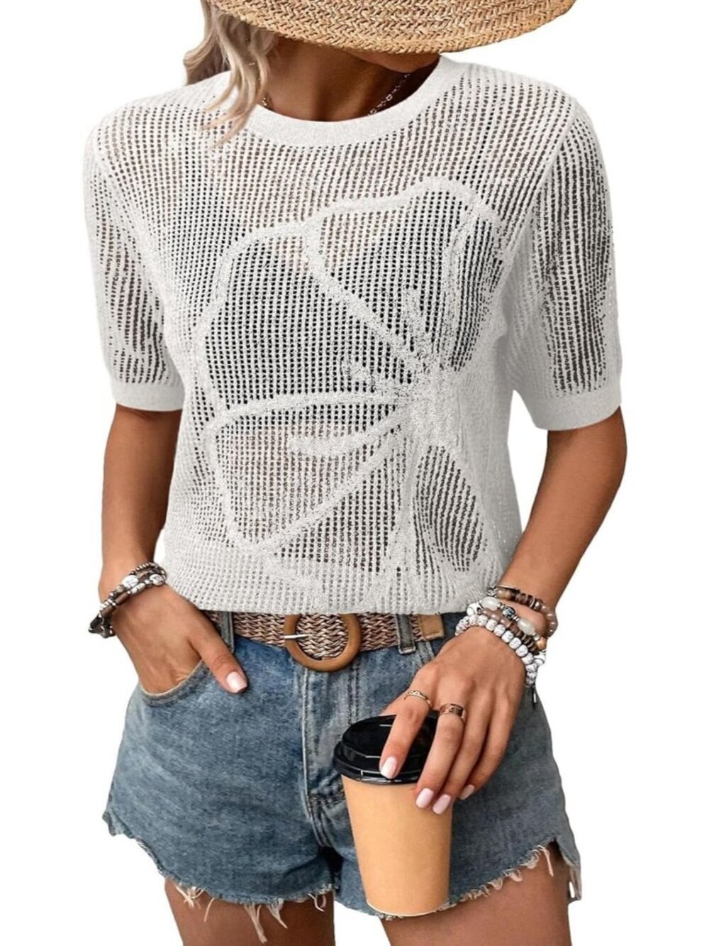Women White Summer Short Hollow Out Floral Sweaters Beach Vacation Cruise Tops
